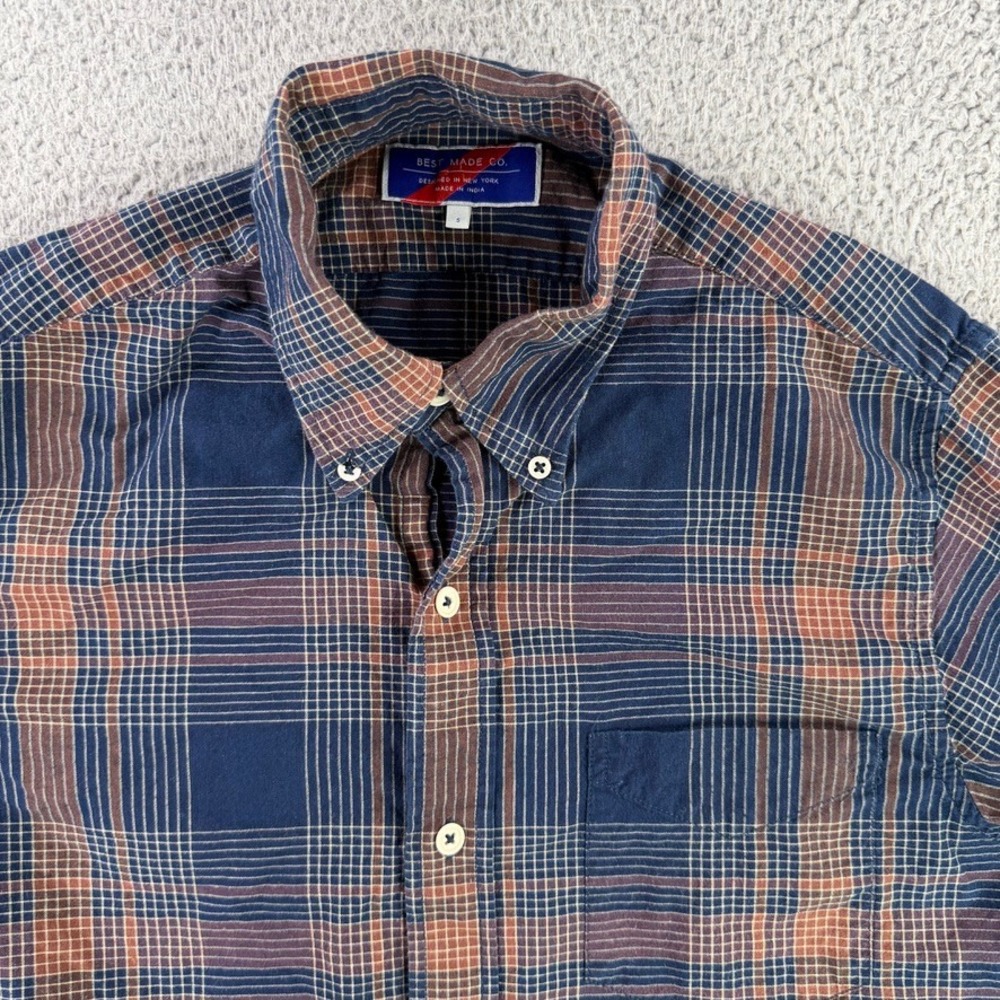 Best Made Co Button Down Shirt Mens Small Blue Brown‎ Plaid Long Sleeve Pocket